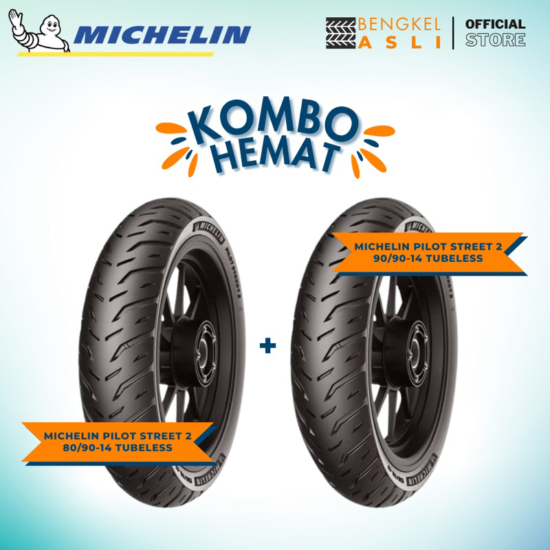 (KOMBO HEMAT 2 BAN TUBELESS) Ban Motor MICHELIN PILOT STREET 2 Ring 14 80/90-14 + Ban Motor MICHELIN