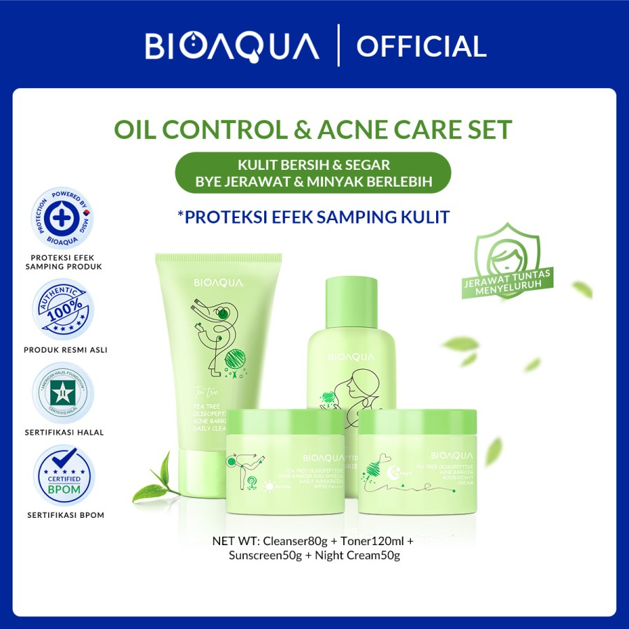 KG  BIOAQUA 4pcs Skincare Paket Tea Tree Oligopeptide Acne Set Bio Aqua Skin Care Jerawat