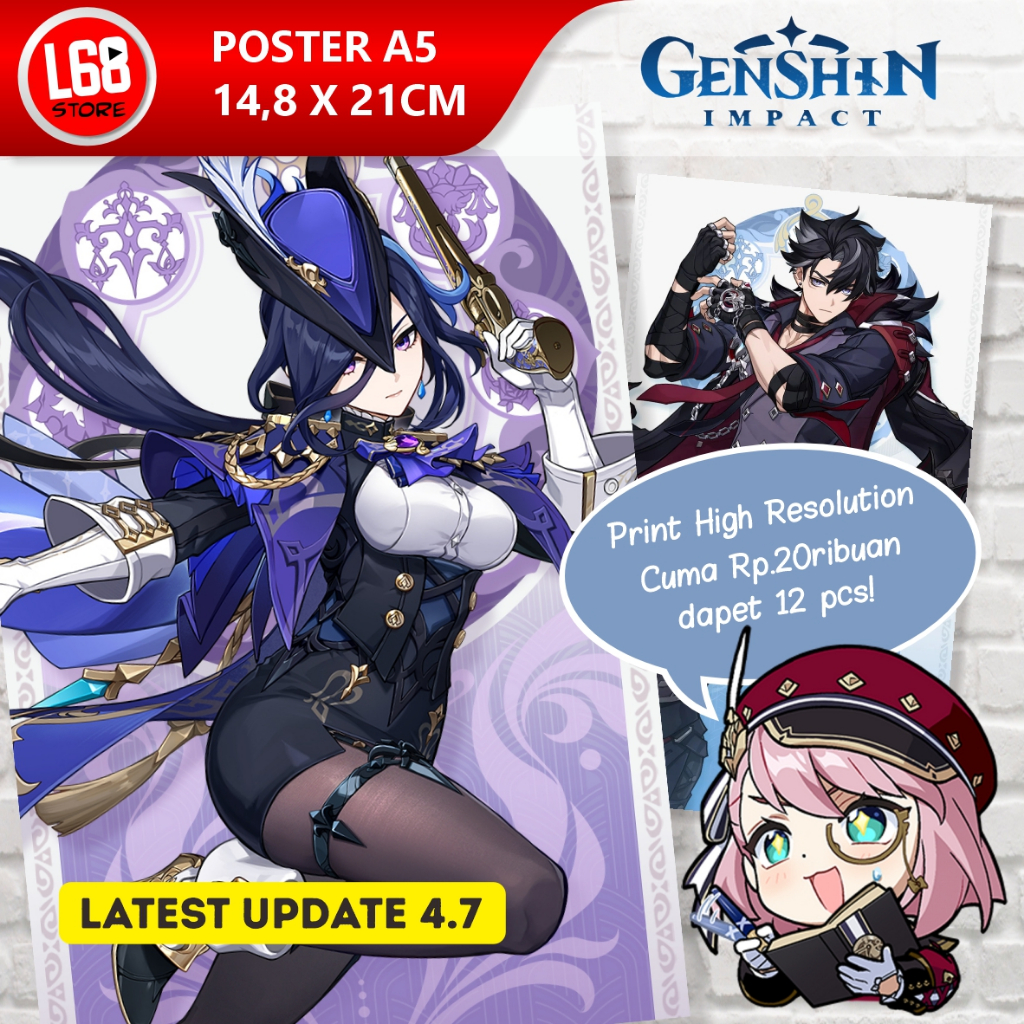 Poster Dinding Aesthetic Genshin Impact terbaru 4.7 , 12pcs Ukuran A5, Ganyu Raiden Hu Tao dll