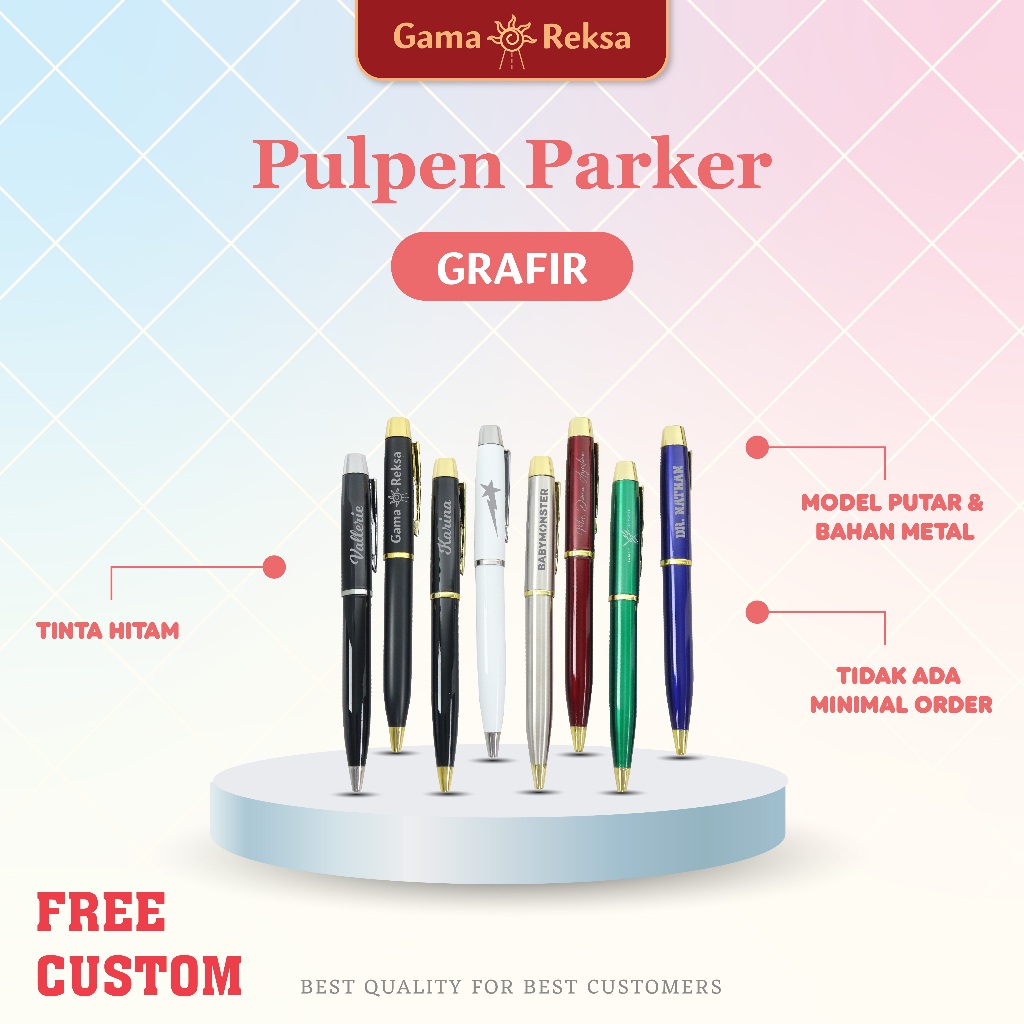 

( SEHARI JADI )Custom Pulpen / Pena Promosi Metal Putar Parker Cetak Laser Grafir