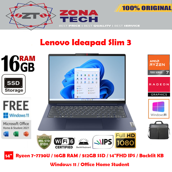 Lenovo Ideapad Slim 3 Ryzen 7-5825U 16GB 512GB SSD 14"FHD Win11 OHS