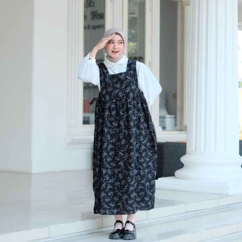 Overall Dress Wanita Motif Bunga Floral Gaya Korea Oversize