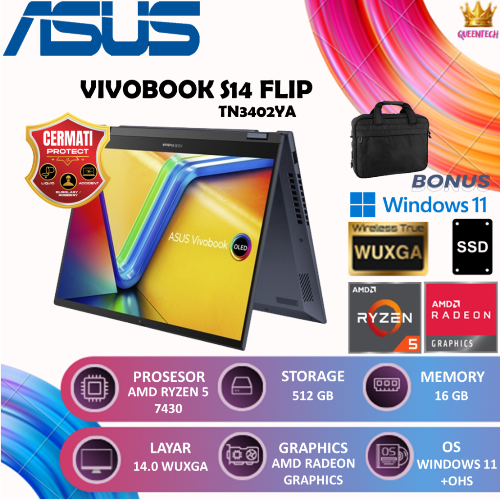 Laptop ASUS VIVOBOOK S14 FLIP TN3402YA TOUCH RYZEN 5 7430 16GB 512GB W11+OHS 14.0WUXGA VIPS 2IN1 SIL