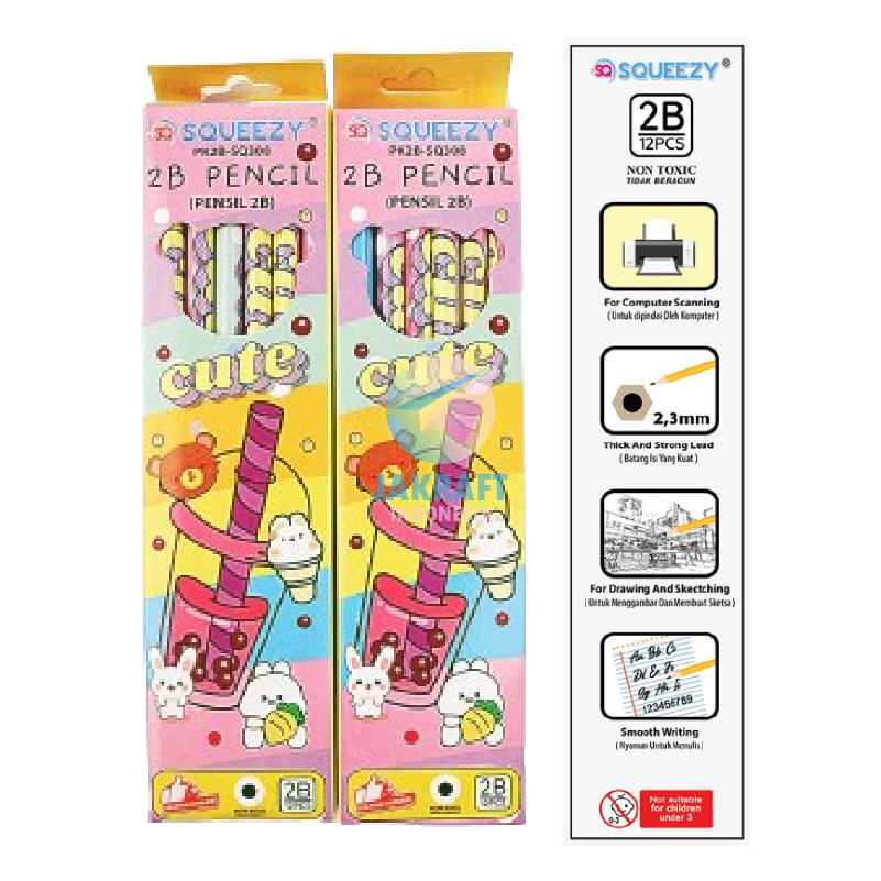 

(12 Pcs) Pensil Kayu Tulis Komputer Ujian Test Scoring 2B + Penghapus SQUEEZY PK2B-SQ308 Cute Bunny Fancy Lucu Wooden Pencil w/ Eraser Souvenir