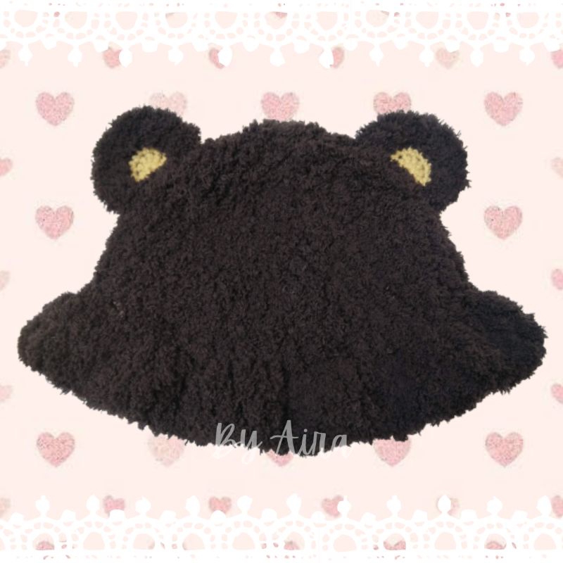 Fluffy Bear Crochet Bucket Hat Topi Rajut Bulu Telinga Beruang - Cokelat Tua