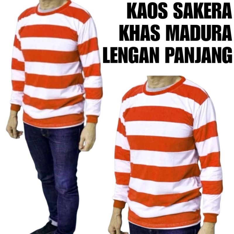 Kaos Sakera Lengan Panjang/Kaos Sablon Strip Merah Putih Lengan Panjang