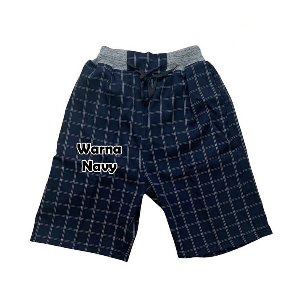 Celana Pendek Tartan Navy Celana Pria Cowok Dewasa Chino Semi Wol Rip Karet Pinggang Kolor Chinos