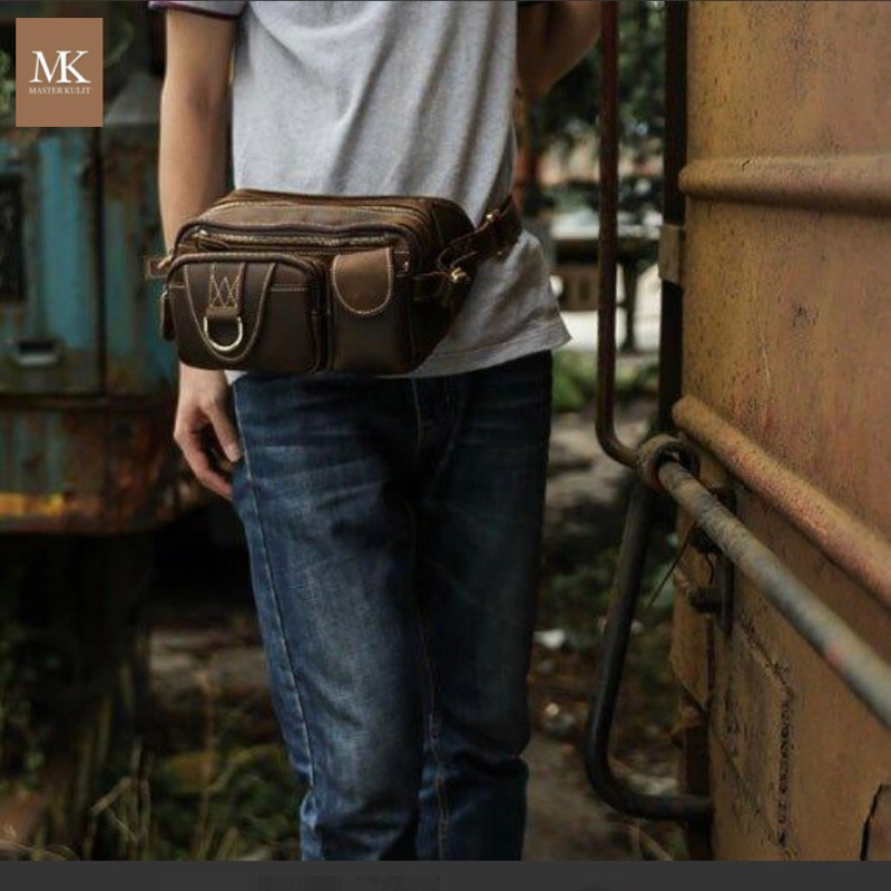 Tas Pinggang Kulit Pria Tas Sling Bag Dengan 5 Kantong Ritsleting Vintage Mk.026