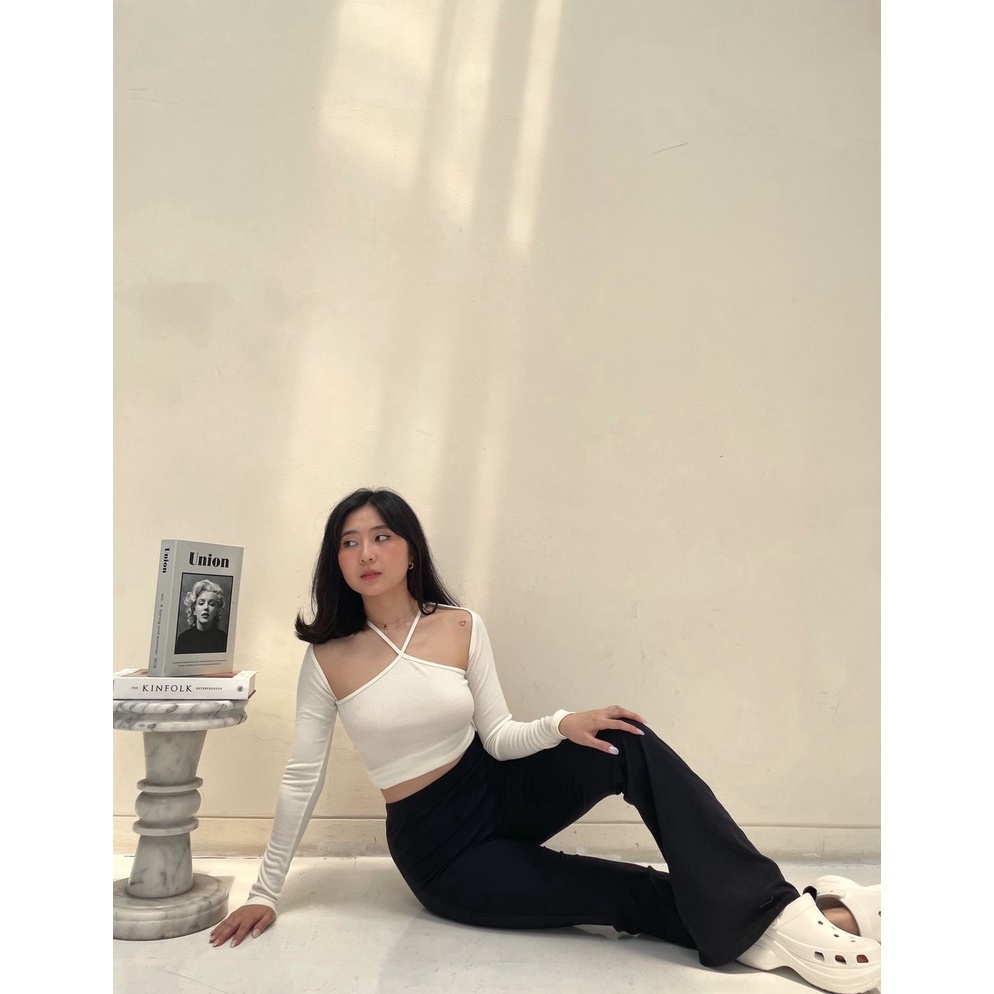 KODE A6F Luvlyclothingid  Jolie Top  Ribbed Knit Top Long Sleeve Silang Off Shoulder Polos HalterNec