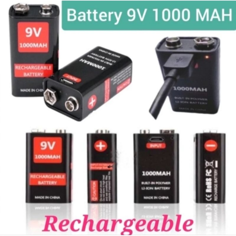 Battery kotak 9v 1000mah rechargeable USB isi ulang