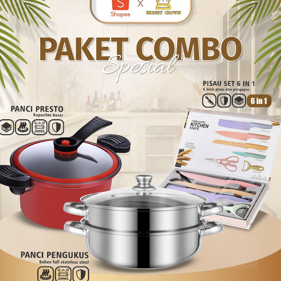 HJ6 Bright Crown PROMO MURAH Panci Presto Pot 35L Anti Lengket  Panci Steamer 28 CM Stainless Dengan