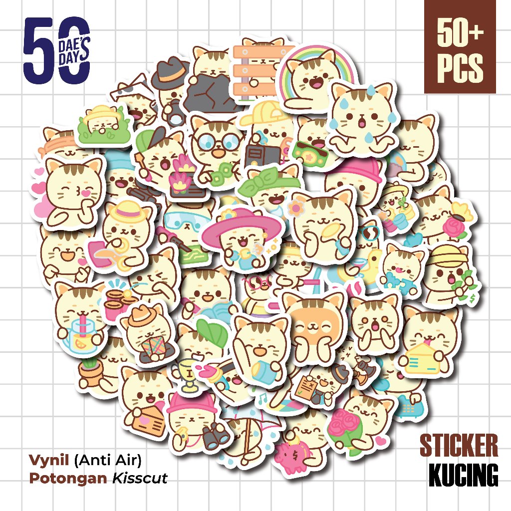 

50 PCS STIKER Aesthethic CUTE CAT | Vinyl Waterproof | Stiker Helm Buku Journal Casing HP Laptop