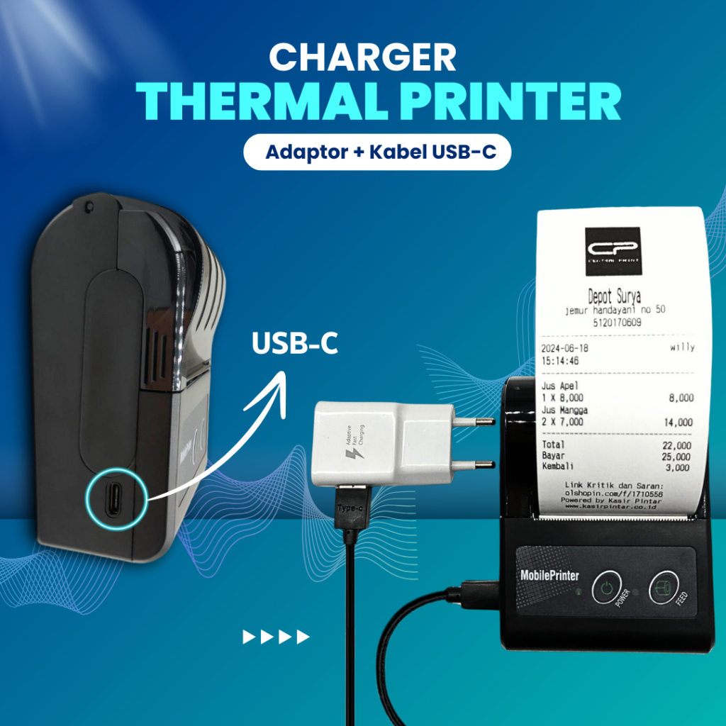 [ 100% REAL ] Adaptor Adapter Charger Printer Thermal Bluetooth 5V 1A / 5V 2A  type-C / Usb-C / USB 