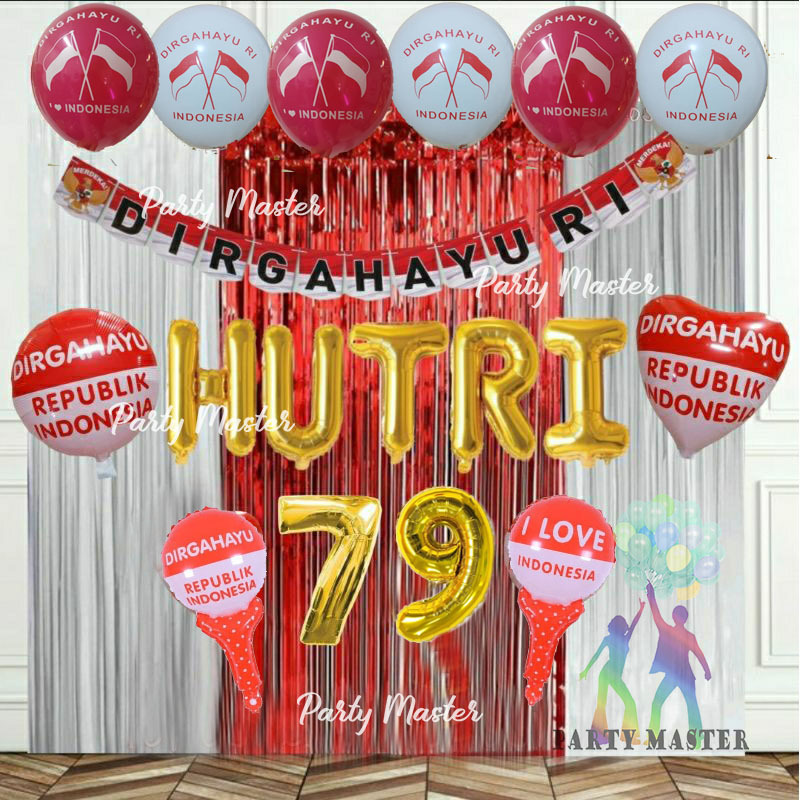 Paket Dekorasi Balon HUT RI 79 Banner Dirgahayu RI Tirai Foil Merah Putih Set Dekor Kemerdekaan Indo