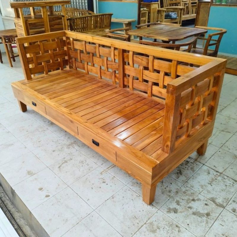kursi bale bale kepang kayu jati minimalis laci bangku teras depan rumah
