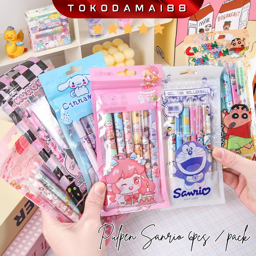 

6PCS/SET Pena Dorong Sanrio Pulpen Gel Mekanik Pena Gel Kartun Lucu Alat Tulis Anak