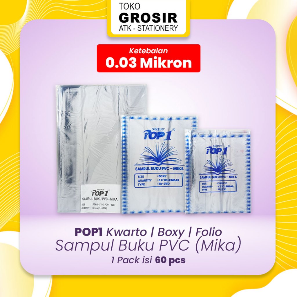 

POP1 Sampul Buku PVC Mika Kwarto SB-210 / Boxy SB-250 / Folio SB-320 60 Lembar Ketebalan 0.03 mm