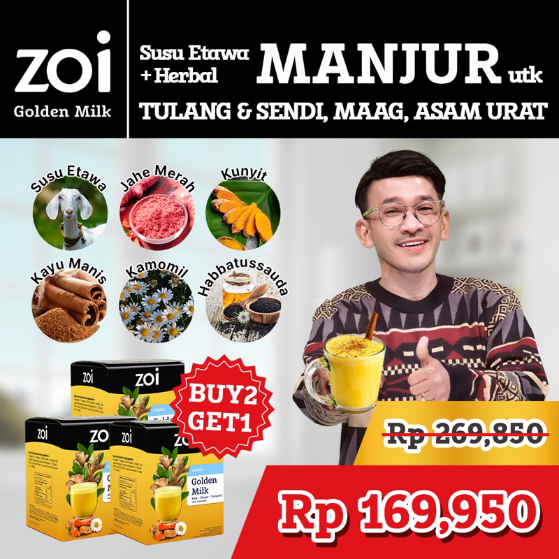 

Beli 2 Box Dapat 3 Box Ruben Onsu x Zoi Golden Milk Susu Herbal Susu Sehat Susu Kambing, Jahe dan Kunyit Isi 30 Sachet