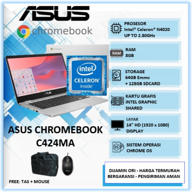 Laptop Asus Chromebook C424MA Intel Celeron Ram 8GB Storage 64GB 14" Chrome OS Silver
