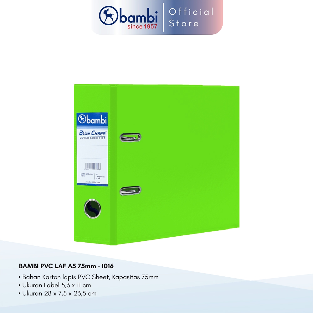 

Bambi Ordner A5 JUMBO SIZE 75 mm Special Colour Fluoro Green PVC Lever Arch File kode 1016