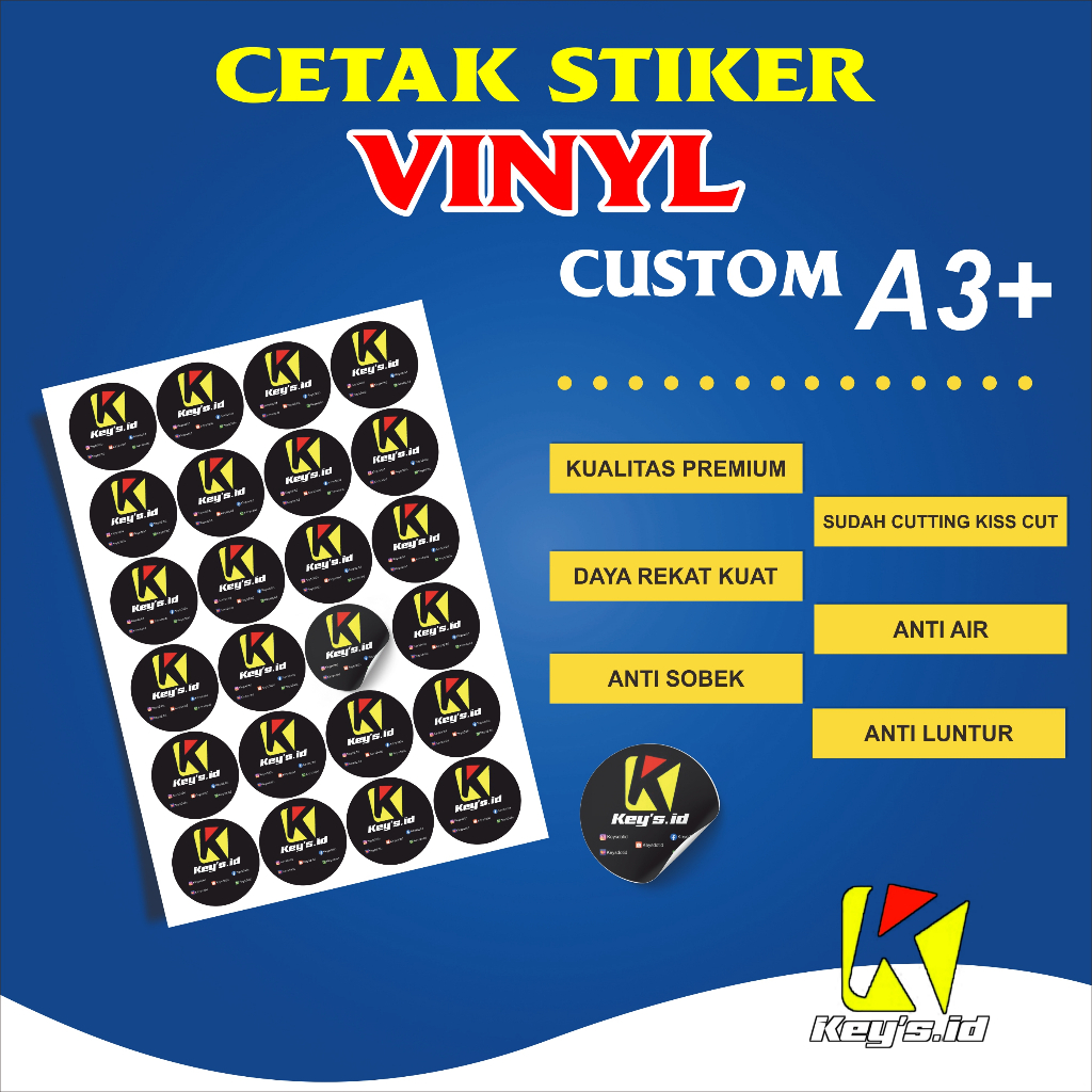 

CETAK STIKER VINYL CUSTOM A3+, CETAK STICKER CUSTOM SUDAH CUTTING ANTI AIR
