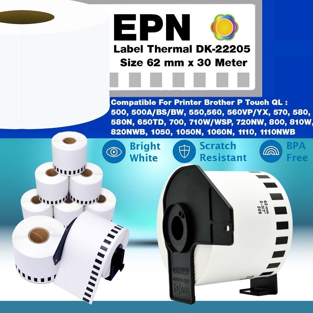 

KODE X65E Label Thermal Brother DK2225 DK2221 DK22212 DK22214 Refill etiket Paper label Kertas Termal continuous DK2225 DK2221 DK22212 DK22214 compatible printer Brother P Touch QL Size 62 mm x 3 Meter optional holder penyangga
