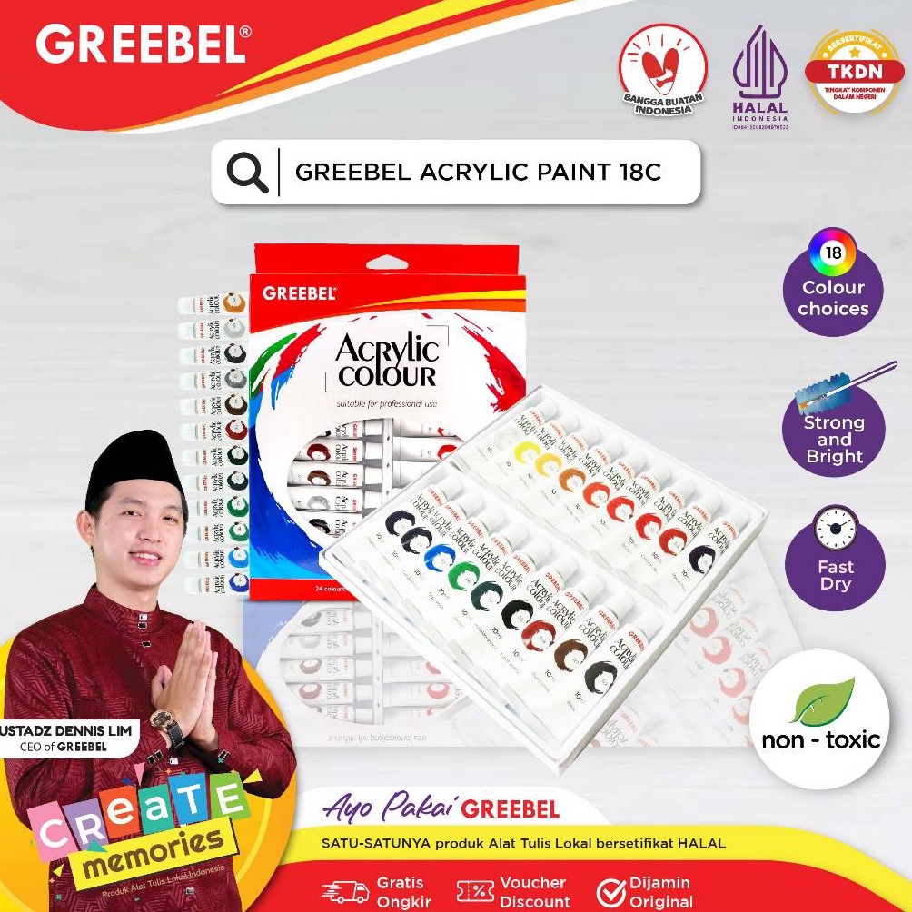 

KODE O8C GREEBEL Cat Akrilik 1 ML 18 WARNA utk anak sekolah art melukis ACRYLIC PAINTING tdk beracun cerah