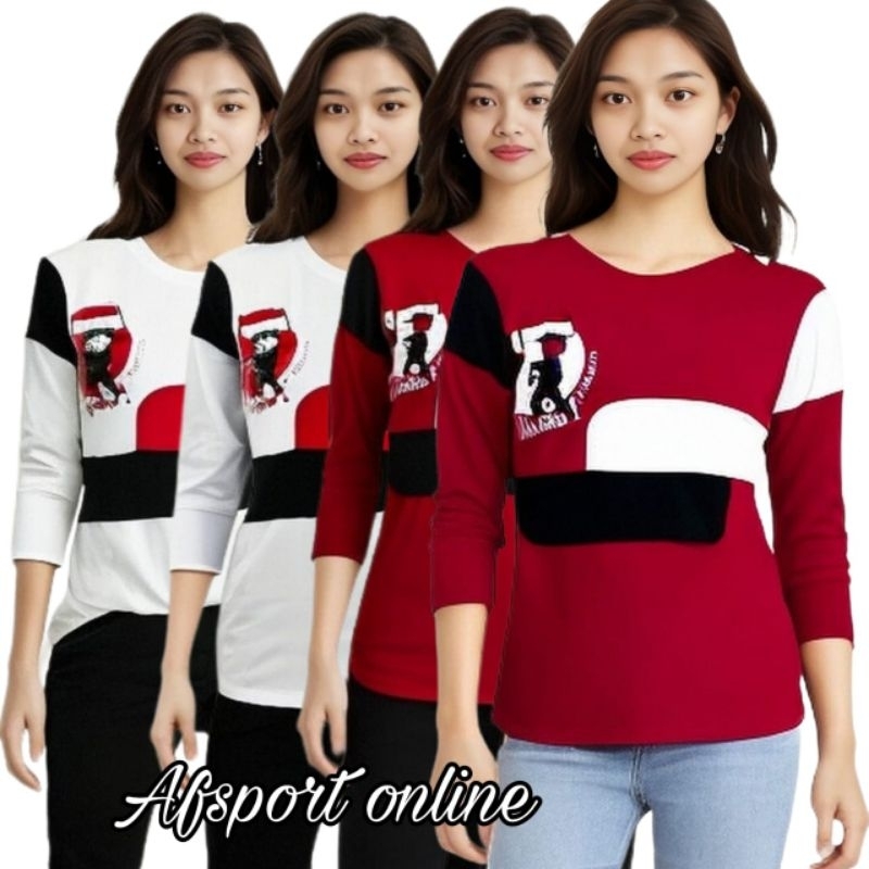 Baju senam lengan 3/4 leher u baju senam Indonesia merah putih zumba aerobik Fitness