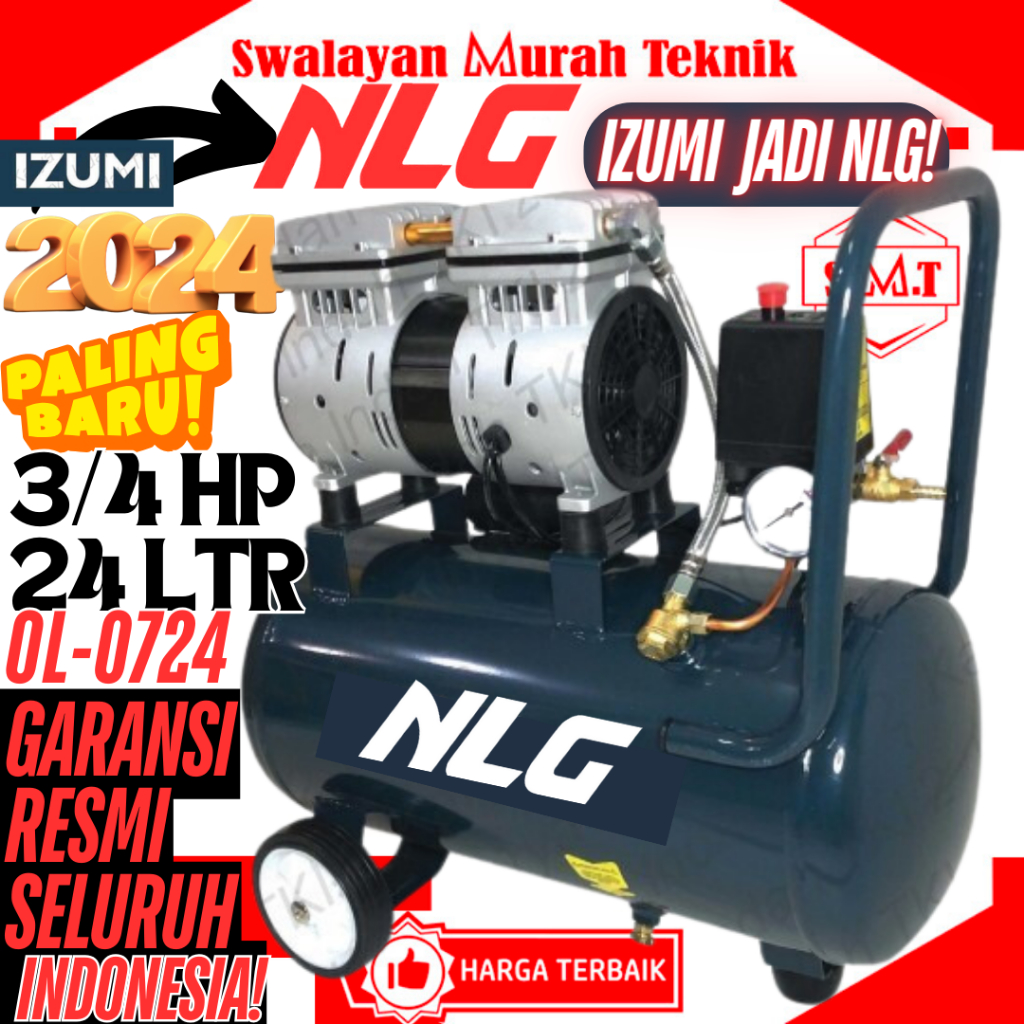 NLG OL0724 Kompresor Angin 24 Liter 3/4 HP Oiless Air Compressor IZUMI OL 0724 550 Watt 0.75 hp