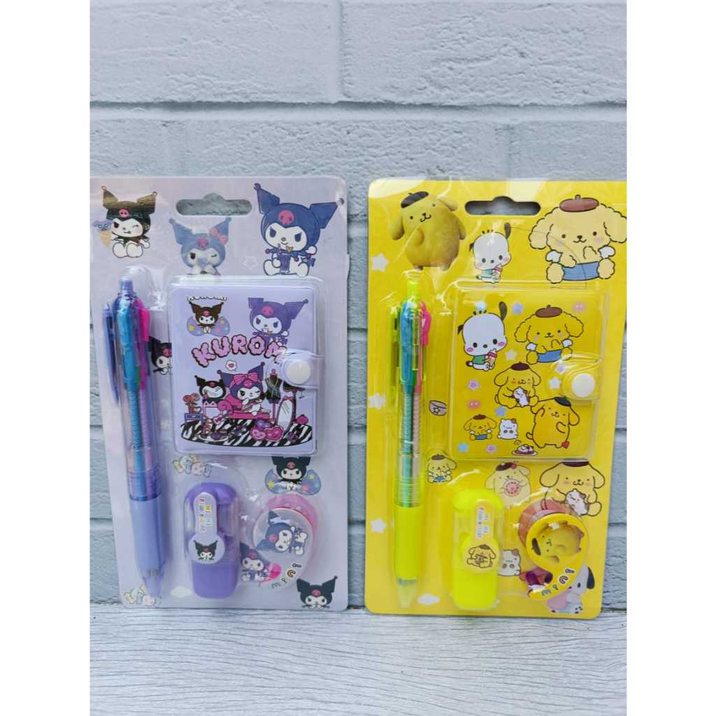 

4 IN 1 SET SANRIO NOTE BOOK BUKU DIARY PULPEN 4 WARNA PLUS HIGHLIGHTER N TAPE LAKBAN RB9