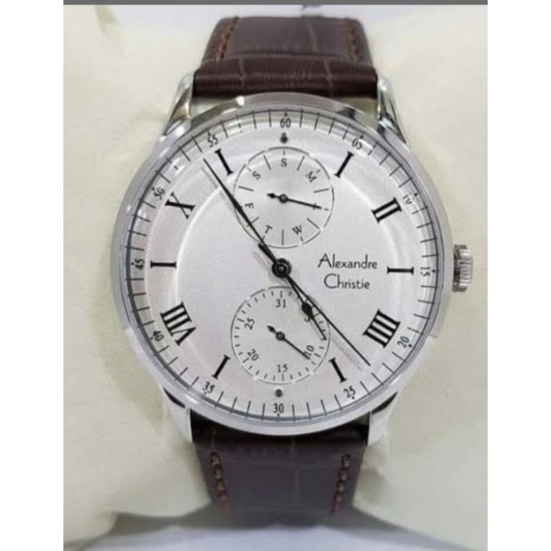 Alexandre Christie Pria AC 6437 MF / Jam Tangan Pria Sliver Tali Coklat Motif Original Resmi