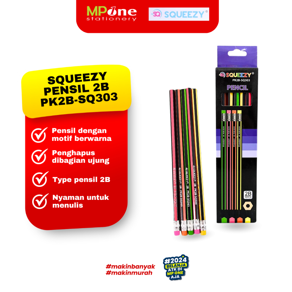

(1 KOTAK) Squeezy Pensil 2B Salur Warna Warni + Penghapus / Pensil Colorful Warna Squeezy 2B PK2B-SQ303 Isi 12PCS
