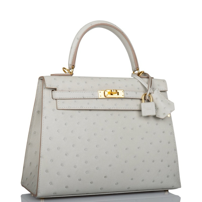 HM Ostrich KeIIy Gris Perle Gold Hardware