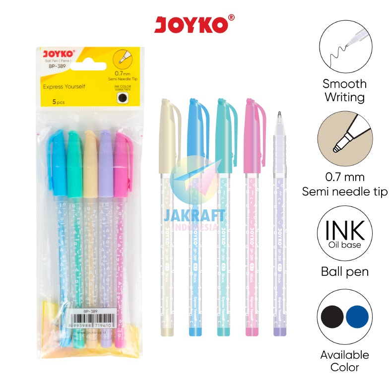 

BARANG TERUPDATE 5 Pcs Pulpen Bolpen Ballpoint Pen JOYKO BP389 Express Yourself Hitam Black Biru Blue Murah 7mm Semi Needle Tip