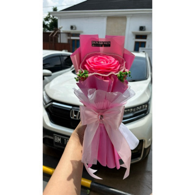 Single pink eternal rose/Mawar pink/Bunga satin/Pita satin pink