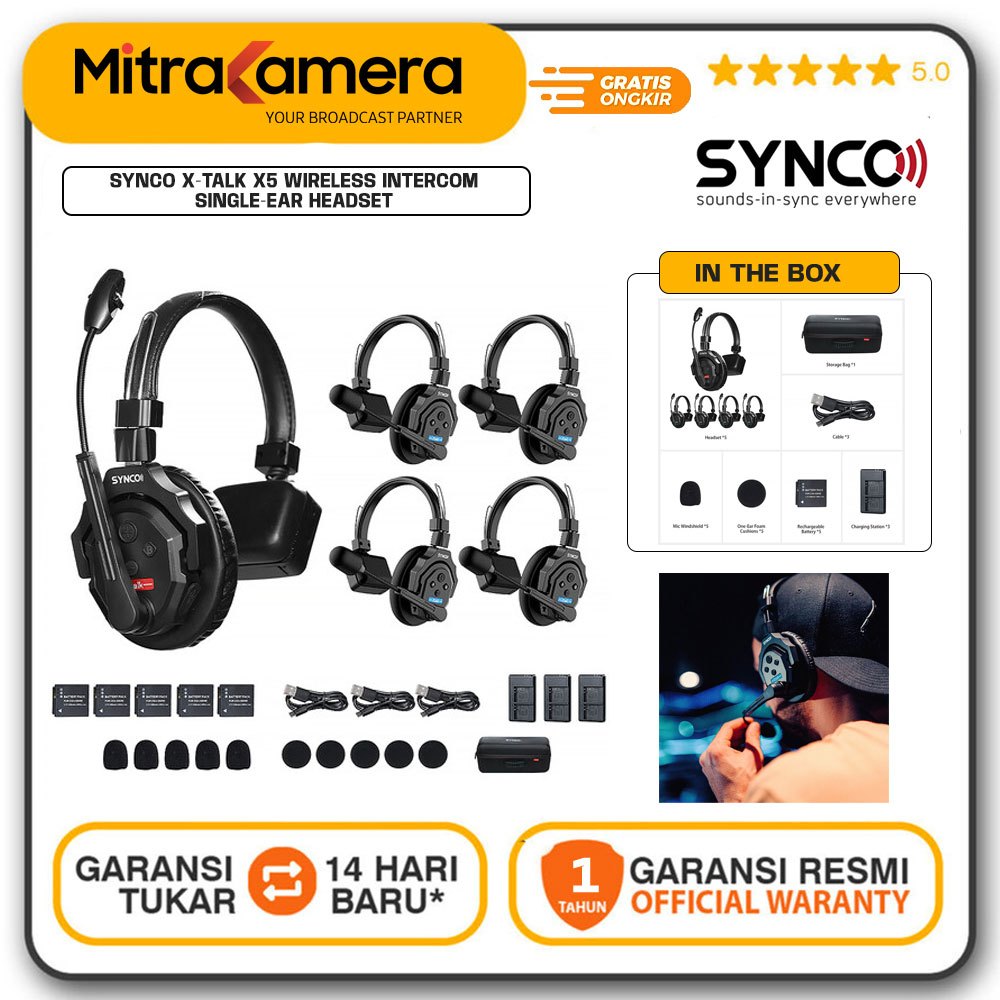 Synco X-Talk X5 Wireless Intercom System with 5 Single-Ear Headsets XTalk Nirkabel Interkom