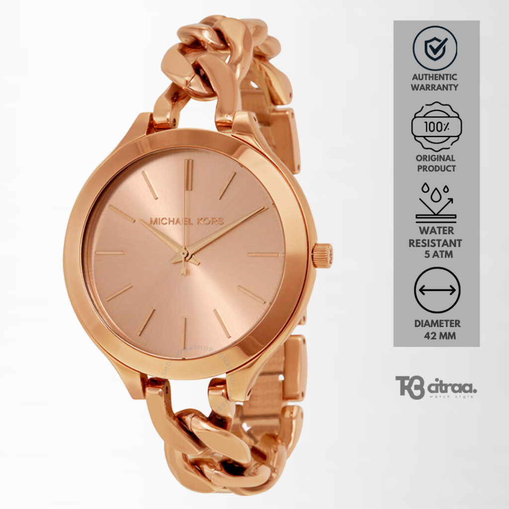 jam tangan wanita Michael Kors Ladies Runway analog strap rantai cewek stainless steel Rose Gold wat
