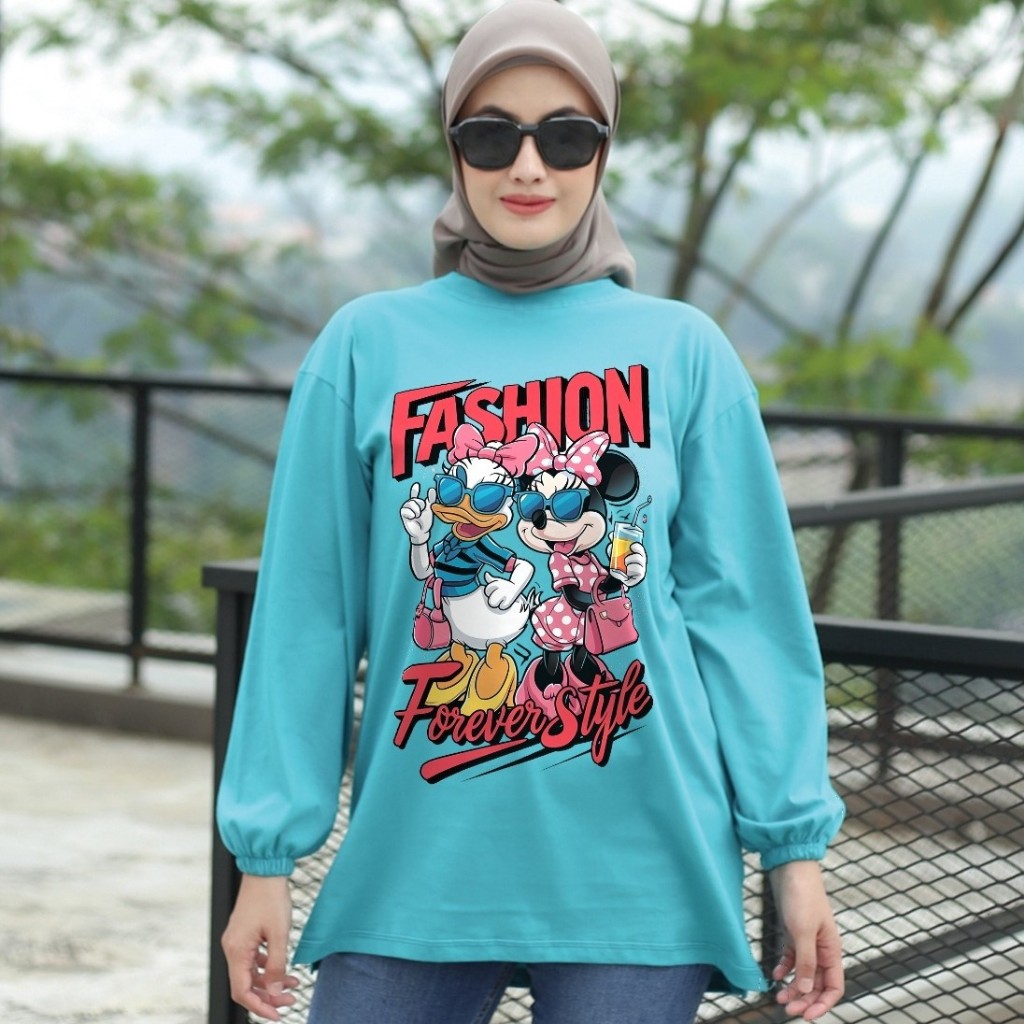 Fashion Forever Style - Kaos Oversize Wanita Lengan Panjang Kerut Motif Disney Sablon Dtf