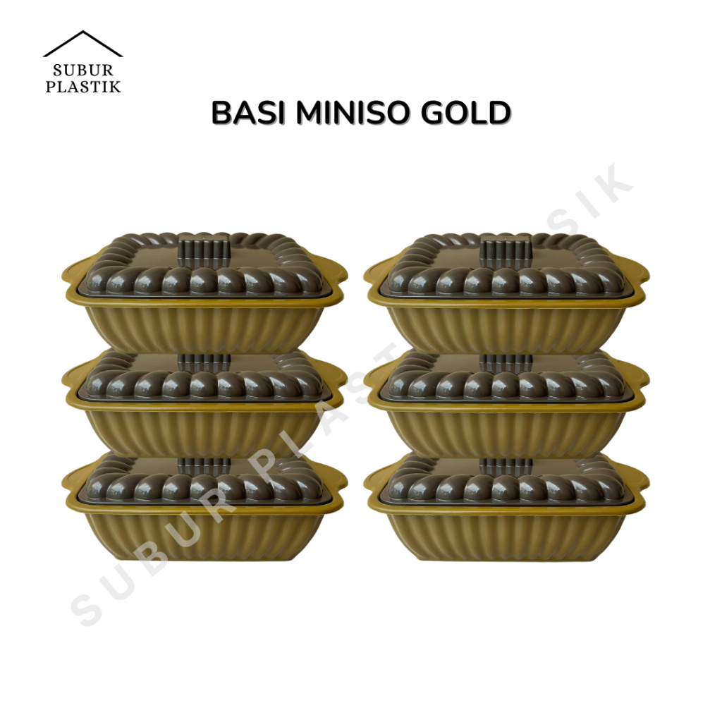 [6 & 12 pcs] Basi Miniso Gold Plastik Dengan Tutup Wadah Lauk Sayur Kotak Panjang Coklat Besek Hajat