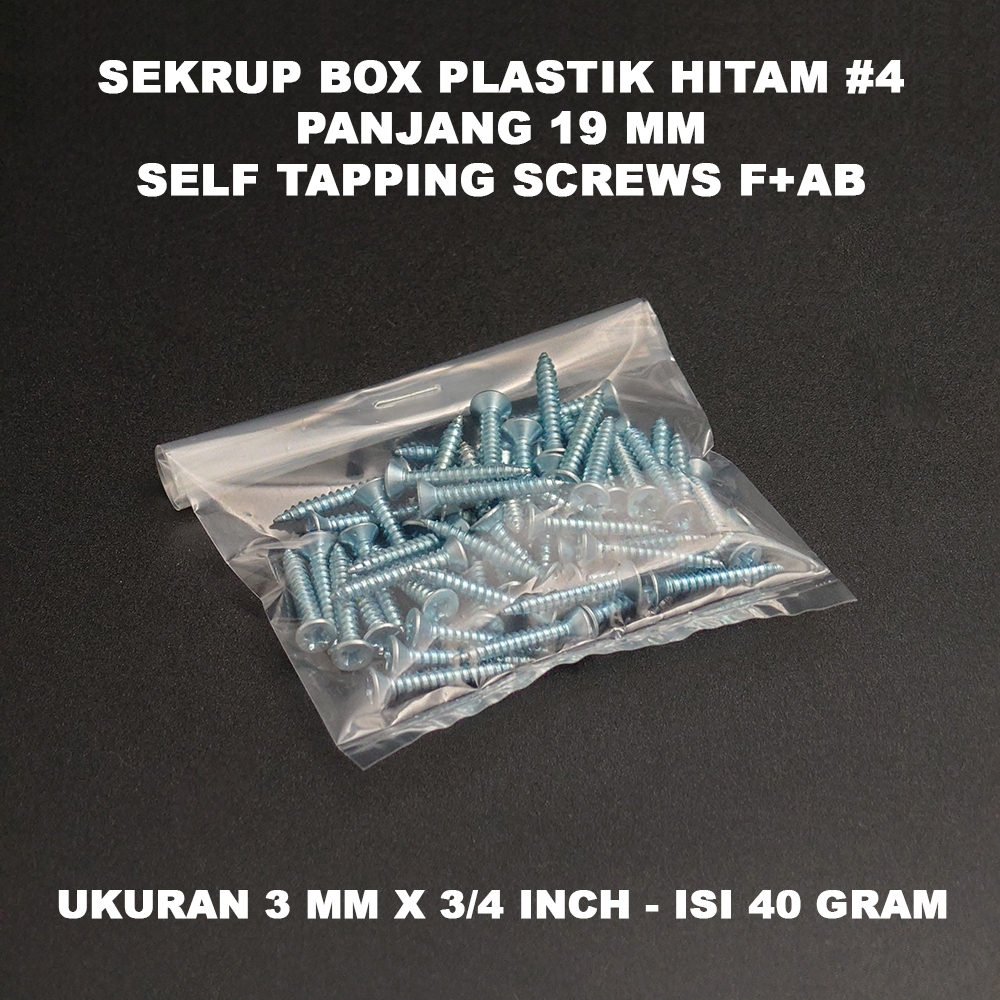 Sekrup Box Plastik Hitam #4 Panjang 19 mm - Self Tapping Screws F+AB ukuran 3 mm x 3/4 Inch - Isi 40