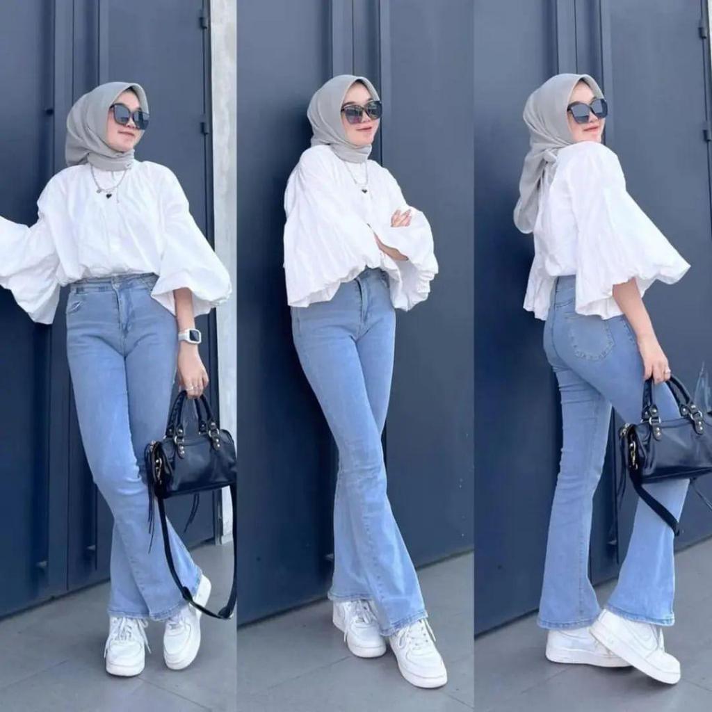 Celana Kulot Jens Hight Waist Cutbray Wanita Strecht Kekinian Panjang Polos 100 Cm Tebal Terbaru