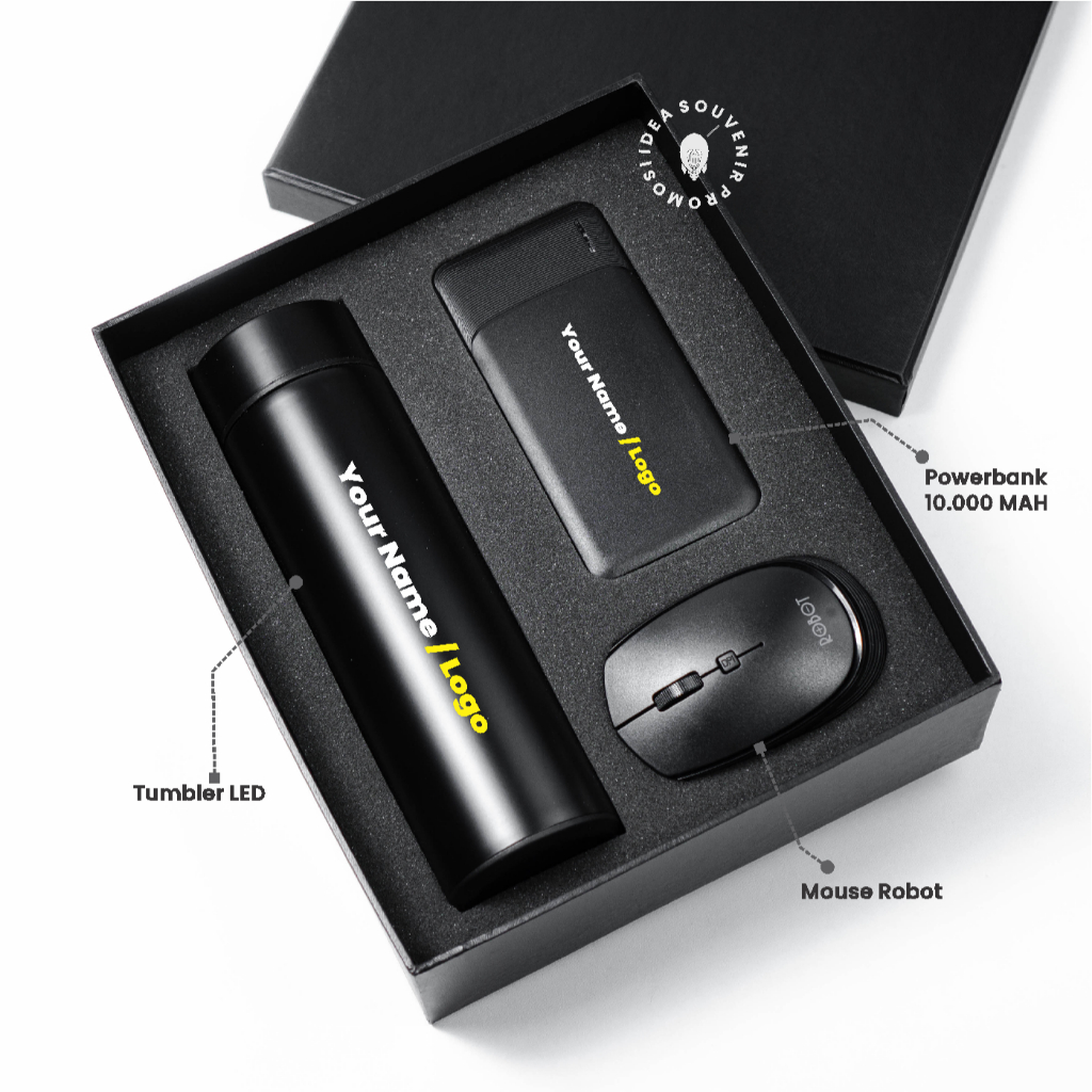 Custom Gift Set Tumbler Temperatur Powerbank Mouse Kado Hampers Lebaran Tumbler set souvenir corpora