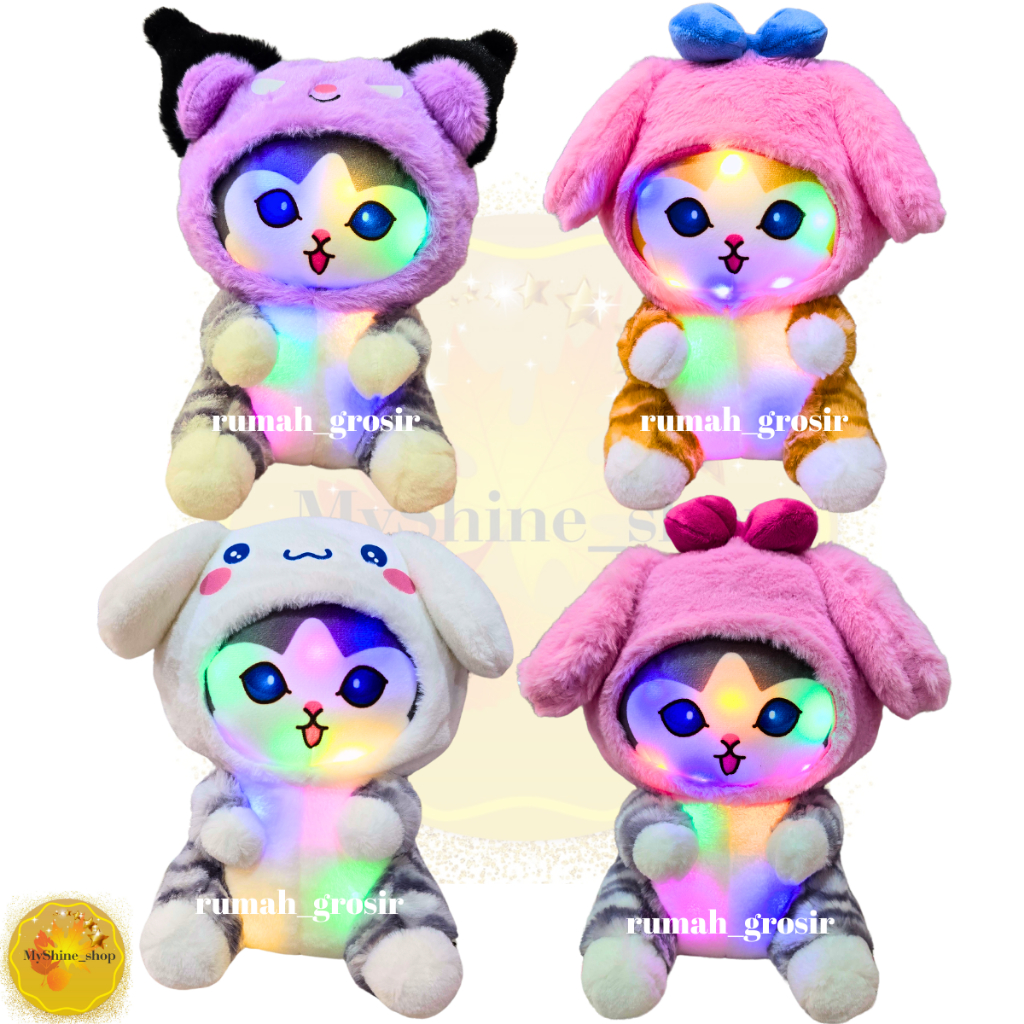 (My Shine Shop) Boneka Kucing Mofusand Hoodie Melody Kuromi Cinnamoroll Boneka Mofusand Mainan LED