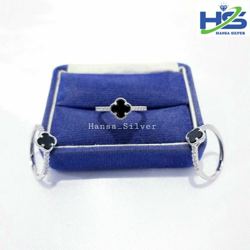 Cincin Perak Asli Silver 925 Lapis Emas Putih Model Bunga Batu Hitam - Cincin Perak Wanita Asli Silv