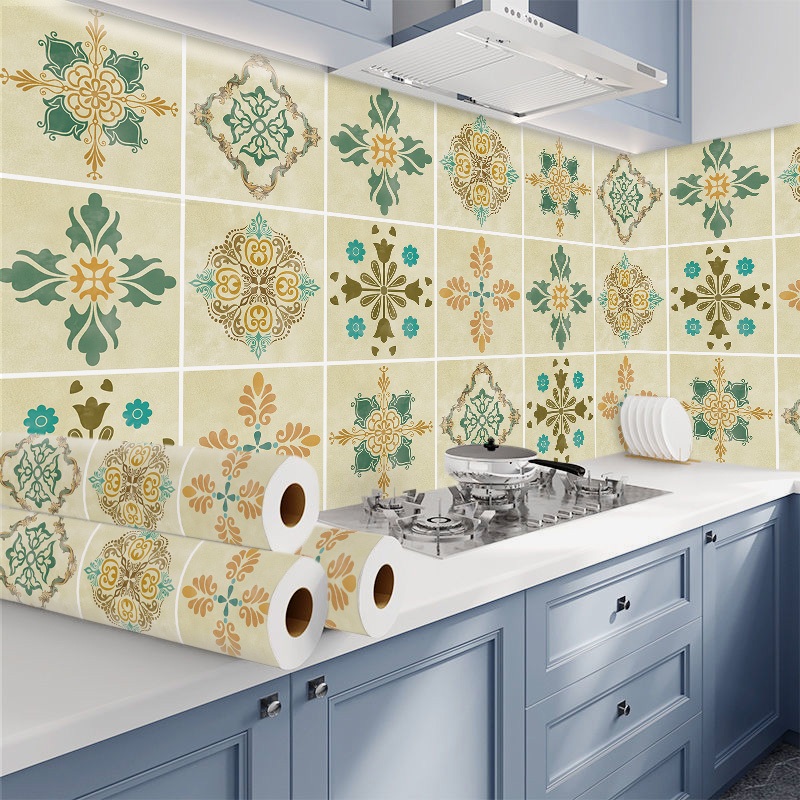 wallpaper dapur anti minyak dan panas 60 cm * 6 meter stiker dinding motif batik kotak warna hijau