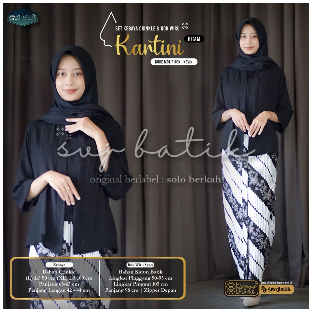 Rok batik bawahan kebaya LIPIT SPAN wiru set atasan kebaya crinkle polos HITAM bahan KATUN SVJ batik