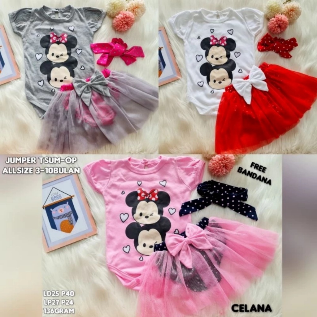 Setelan Baju Anak Bayi Perempuan Karakter Tsum-tsum Lucu Model Jumpsuit dengan Rok Tutu