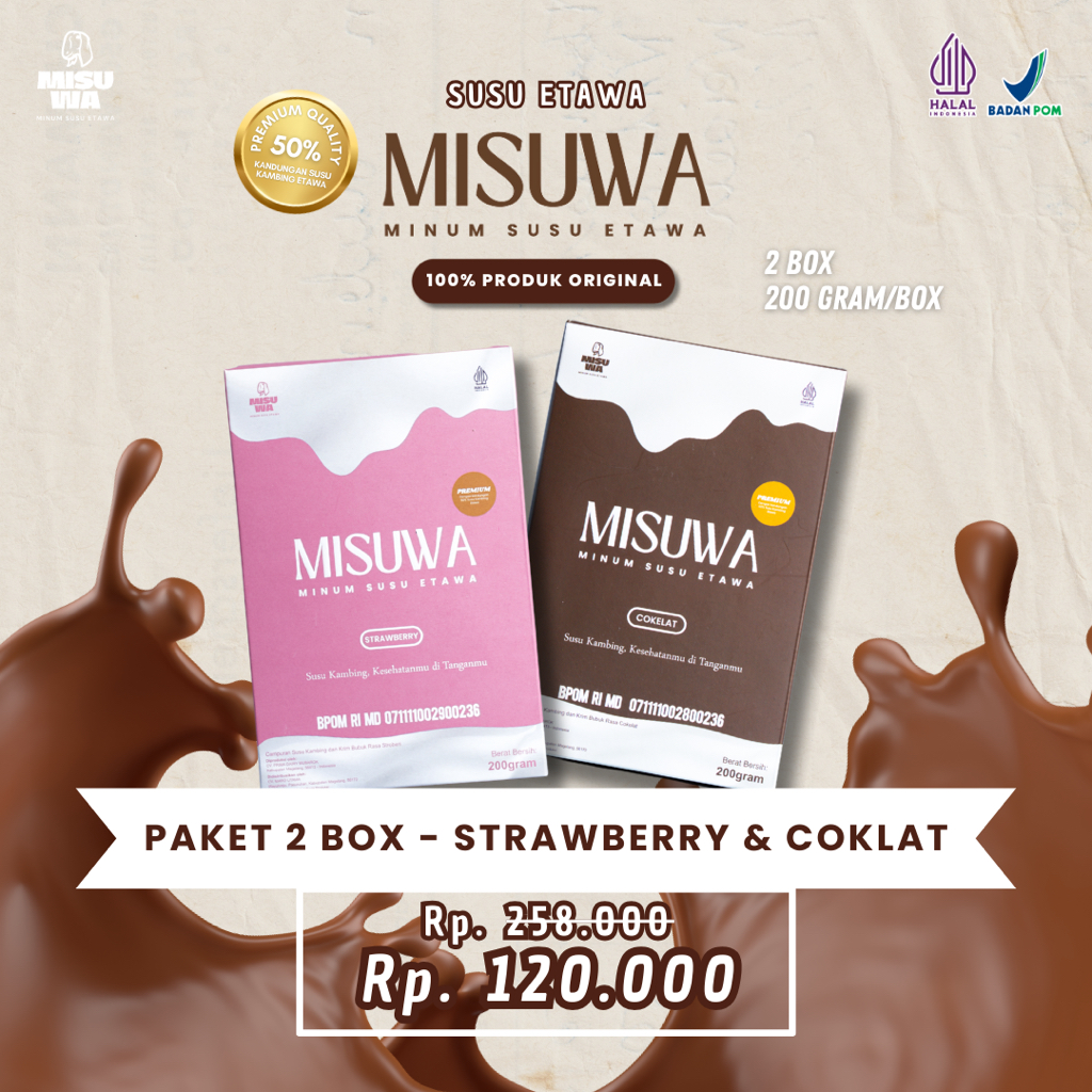 

Susu Kambing Etawa Bubuk RASA STRAWBERRY & COKLAT [PAKET 2 BOX] 2x200GR Menjaga Kesehatan Tulang Melancarkan Sistem Pencernaan dan Kekebalan Tubuh | MISUWA