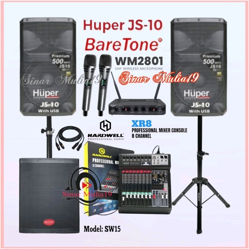 Paket Sound System Speaker Aktif Huper JS10 Subwoofer BareTone SW15 Mixer Hardwell XR8 Mic Wireless 