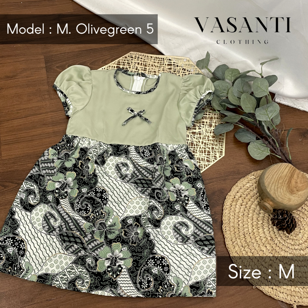 DRESS BATIK ANAK PEREMPUAN MODERN WARNA SAGE OLIVE GREEN UKURAN M